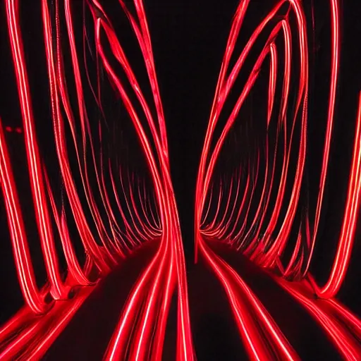 Prompt: zaha hadid design wrapped around by glowing tubes and cables, short black curly hair, glowing red