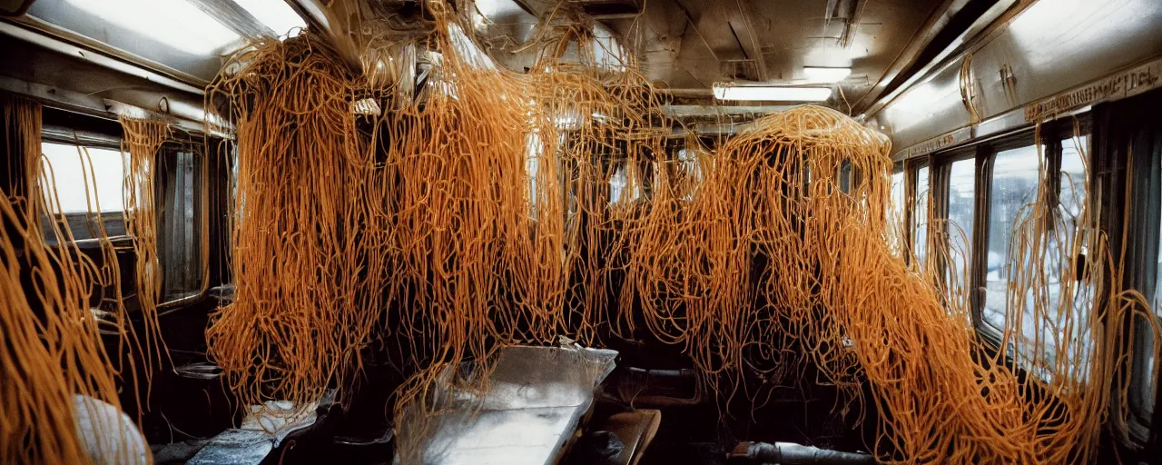 Image similar to train car covered in spaghetti, canon 5 0 mm, cinematic lighting, photography, retro, kodachrome film