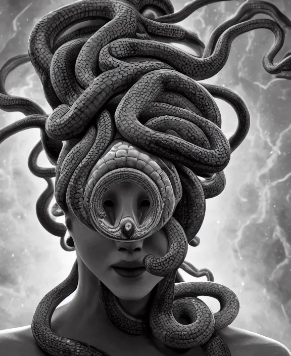 Prompt: beautiful medusa head highly detailed snakes, cosmic horror, abstract, ghostly, arcade, duotone, poltergeist, epic lighting, intricate, elegant, highly detailed, smooth, sharp focus, photo real, ultra realistic, unreal engine 5, raytracing, in the style of beeple and mike winkelmann, ultraviolet colors