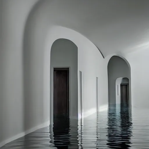 Prompt: a flooded room that leads into a curved hallway, all white ceramic tiles, dark lighting, surreal, liminal space