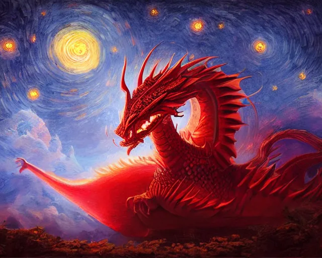 Prompt: red shivan dragon against starry night, illustration, by ( kieran yanner ) ( miranda meeks ) ( anna podedworna ) ( cristi balanescu ), digital art