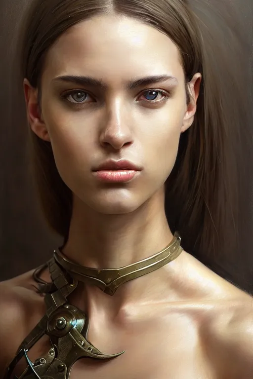 Image similar to a photorealistic painting of an attractive young girl, partially clothed in dull metal-plated battle armor, olive skin, long dark hair, beautiful bone structure, symmetric facial features, perfect eyes, natural physique, intricate, elegant, digital painting, concept art, finely detailed, illustration, sharp focus, minimal artifacts, from Metal Gear, by Ruan Jia and Mandy Jurgens and Artgerm and William-Adolphe Bouguerea, in the style of Greg Rutkowski, trending on Artstation, award winning