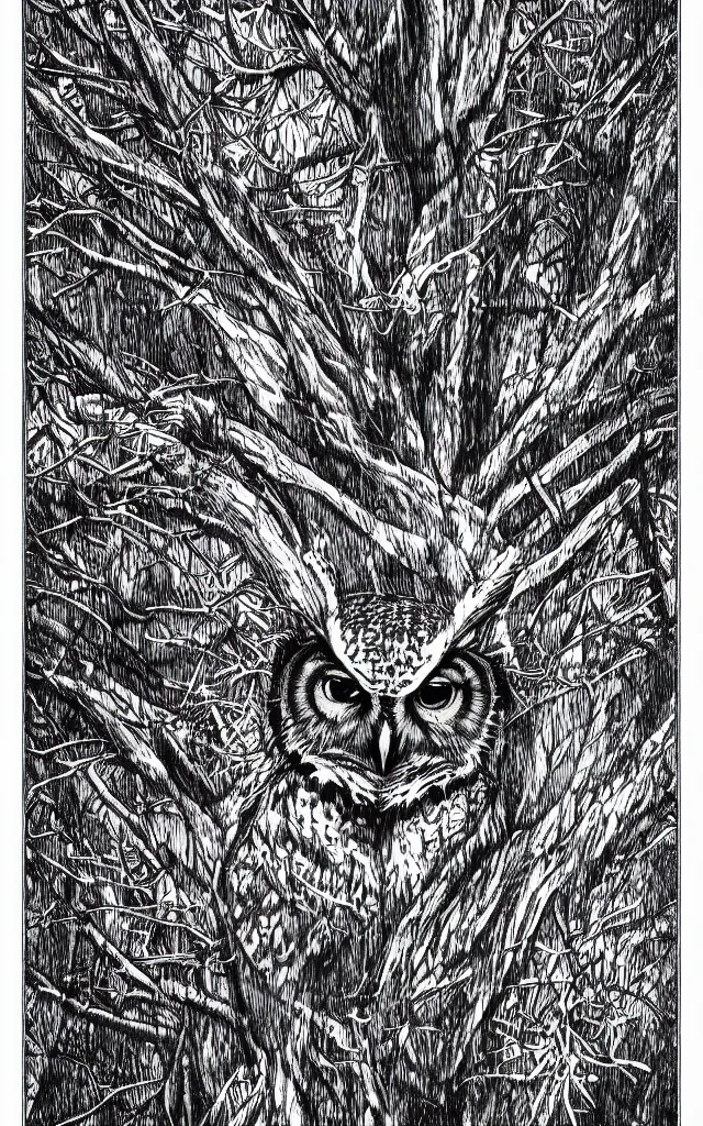 Prompt: hyperrealist nature photograph of a great horned owl in a tree, high contrast wood engraving, kentaro miura manga style, shocking detail trending on artstation 8 k