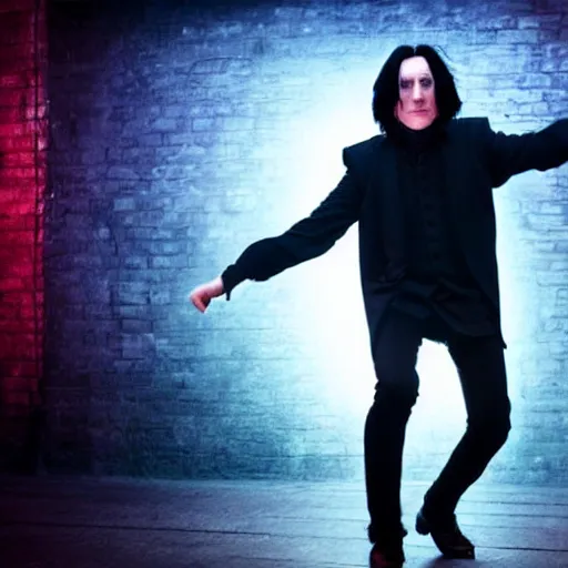 Image similar to Severus Snape dances in a bar, neon light, realistic, full body, very detailed, super realistic