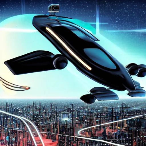 Image similar to flying car over the cyber city, retro future style