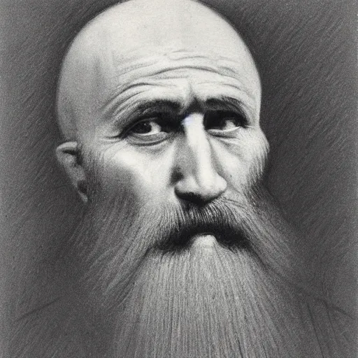 Prompt: charcoal portrait of an early 20th century russian orthodox priest, bald