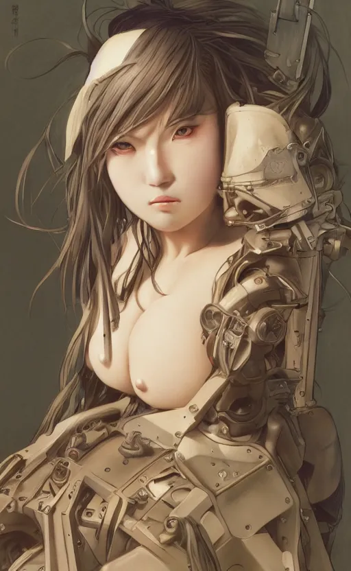 Image similar to mechanized fat woman, anime style, konami character design, vintage clothing, spread wings, long hair, hair down, symmetrical facial features, from arknights, hyper realistic, 4 k, rule of thirds, extreme detail, detailed drawing, safebooru, hd, d & d, realistic lighting, by alphonse mucha, greg rutkowski