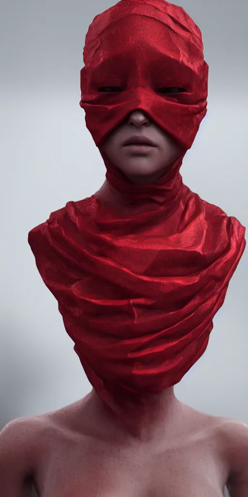 Prompt: woman with cloth covering her face, highly detailed, modern, digital art, red color, unreal engine, photorealism, cinematic lighting, 8k photorealistic, dramatic, trending on artstation