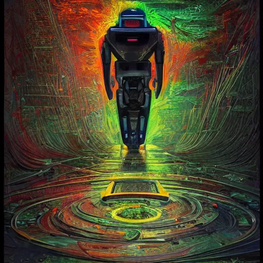 Image similar to low angle shot of A Robot With its head missing, gushing out oil from the hole, walking towards the viewer, neon color scheme, by Clive Barker , intricate, elegant, highly detailed, centered, digital painting, artstation, concept art, smooth, sharp focus, illustration, artgerm, Tomasz Alen Kopera, Peter Mohrbacher donato giancola, Joseph Christian Leyendecker, WLOP, Boris Vallejo.