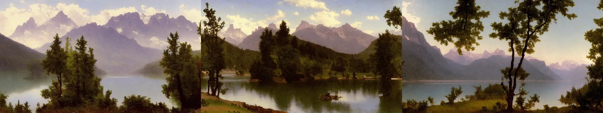 Prompt: mountains, trees, and lake, by bouguereau