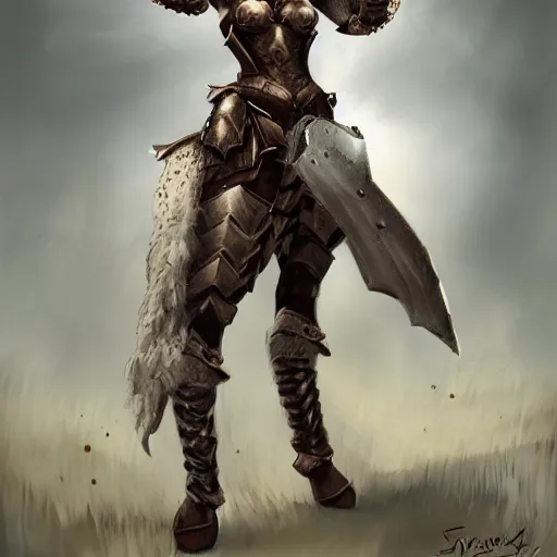 Image similar to fantasy concept art, armored female Minotaur, brown fur with white spots