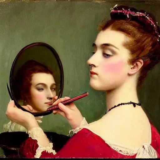 Image similar to young victorian lady putting on makeup, painted by alfred stevens