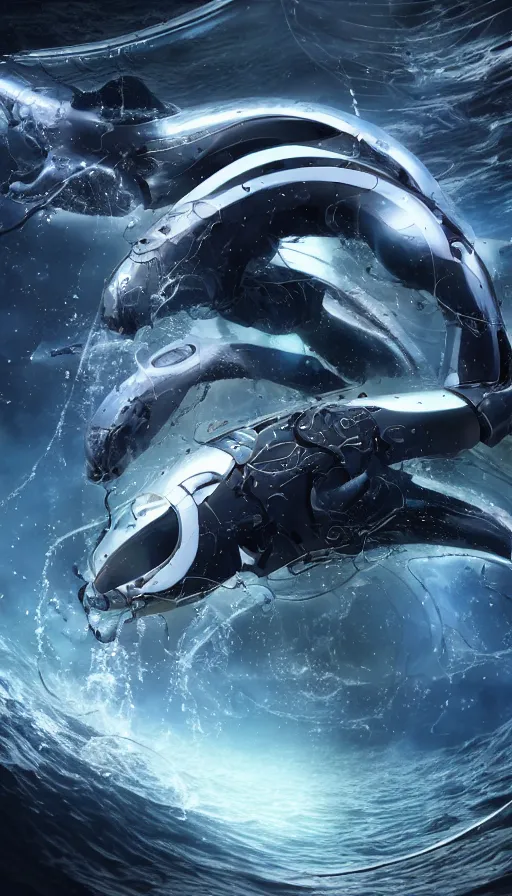 Image similar to summoning a beautiful biomechanical orca spirit from the ocean, organic and robotic, made up of many bits of metal, skin, and plastic, shiny, cyberpunk, hyper realistic, octane render unreal engine render, 8k, super detailed