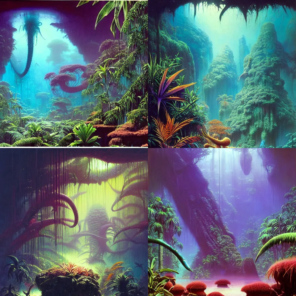 Prompt: An epic tropical underwater forest jungle, exotic flora, alien fauna, by Wayne Barlowe, by Bruce Pennington, by Paul Lehr, masterpiece, oil on canvas, trending on artstation, top on pixiv, cinematic composition, dramatic scene, beautiful aesthetic lighting, artgem, concept art, sharp, high details, hyper-detailed, astrophotography, no frames, 8K