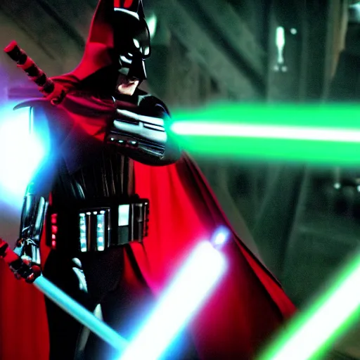 Prompt: hd photograph movie still of batman wielding a red lightsaber in star wars 2 0 0 5