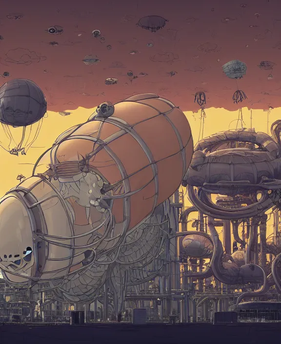 Image similar to inflated industrial plant made from obese isopod mollusk octopus, in the style of puffy spaceship, skeletons, bones, partly cloudy, spooky, dramatic lighting, by geof darrow, bill sienkiewicz, dan mumford, yusuke murata, makoto shinkai, ross tran, cinematic, unreal engine, cel shaded, featured on artstation, pixiv