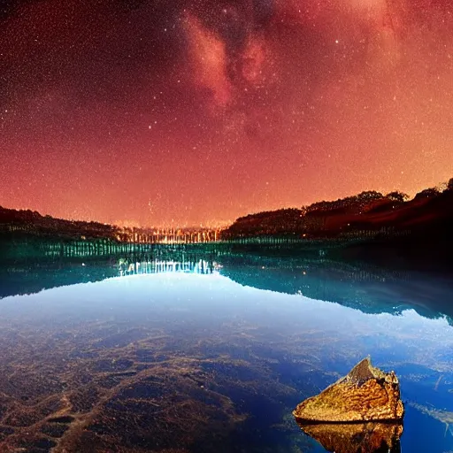 Prompt: lake that is reflecting the cosmos at night with countless stars, superior quality, intricate quality, viscous liquid, surreal, highly detailed, real camera, real photo, award winning quality, 8 k, art by artstation