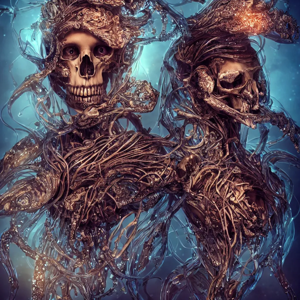 Image similar to close-up macro portrait of the face of a beautiful princess with animal skull mask, epic angle and pose, ribcage bones symmetrical artwork, 3d with depth of field, blurred background, cybernetic jellyfish female face skull phoenix bird, translucent, nautilus, energy flows of water and fire. a highly detailed epic cinematic concept art CG render. made in Maya, Blender and Photoshop, octane render, excellent composition, cinematic dystopian brutalist atmosphere, dynamic dramatic cinematic lighting, aesthetic, very inspirational, arthouse. y Greg Rutkowski, Ilya Kuvshinov, WLOP, Stanley Artgerm Lau, Ruan Jia and Fenghua Zhong