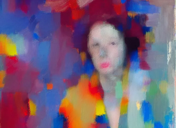 Prompt: portrait in the style of Gerhard Richter, palette knife, paint, blurred, chromatic dispersion
