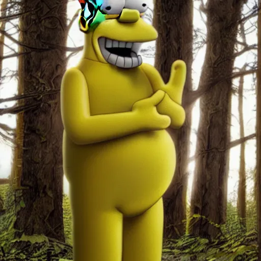 Image similar to Photorealistic homer Simpson in the woods creepy