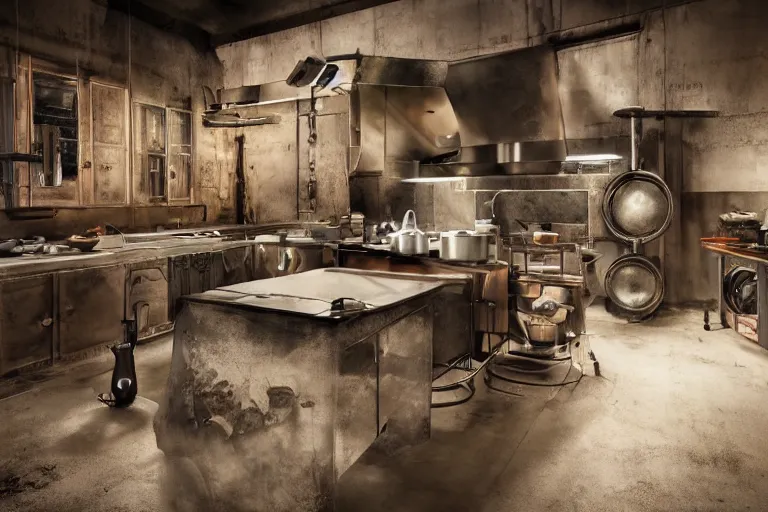 Prompt: a kitchen with kitchenisle by peter vetsch, dieselpunk design, metal, iron, rust, photography, promotional photoshoot, zeiss lens, design, studio lighting, 8 k, high detail