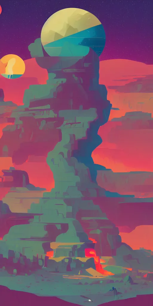 Prompt: cursed multicolored alien planet with canyons, tom whalen, james gilleard, liam brazier, tristan eaton