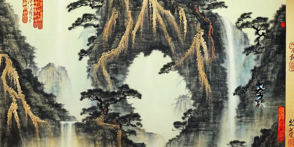 Image similar to “ large ancient gate to other world in the center of waterfall in chinese watercolor painting, oil painting, masterpiece, aesthetic ”