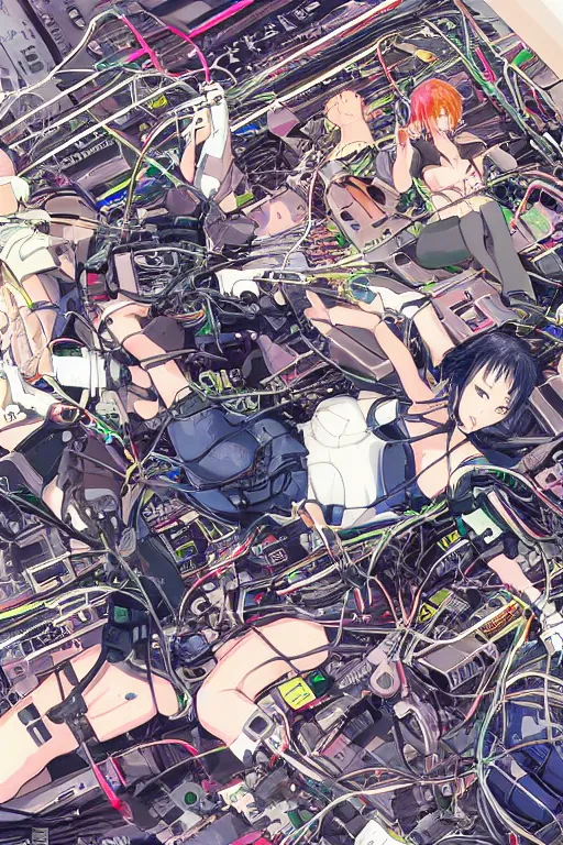 Prompt: cyberpunk anime illustration of a group of female androids lying on an empty white floor in various poses with their bodies open showing a tangled mess of wires and cables coming out, by katsuhiro otomo and masamune shirow, hyper-detailed, colorful, beautiful, bird view