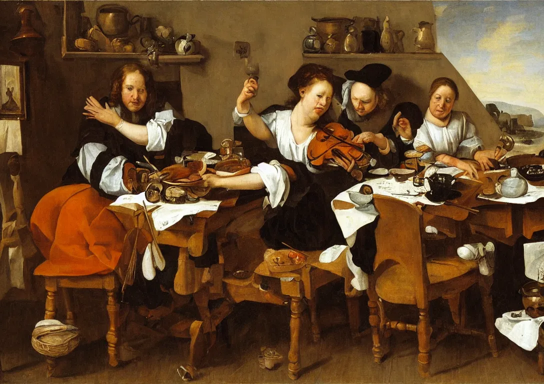 Prompt: Jan Steen. The gentle depth of the composition is based on a triangle, fallen asleep at the table on the left. “opportunity makes the thief ” trying out a pipe, playing carelessly with a string of pearls. play a violin. to live at home were considered suspect in the popular culture of the Netherlands at the time. in a provocative gesture she holds a filled glass between the legs of the man of the house, while he dismisses with a grin the admonishment of the nun standing on the right. The duck on the shoulder identifies him as a Quaker, who urges the reading of pious texts. Finally, the pig in the doorway to the kitchen is an allusion to another proverb: “Neither cast ye your pearls before swine”. the penalty to be expected for unbridled, lustful behaviour: a sword and a crutch in a basket suspended from the ceiling. Luxuria extravagance. An interesting biographic detail: at times Steen had to earn a living by running an inn and a brewery. low ceiling, small chamber. Hyperrealistic, ultra detailed, 80mm.