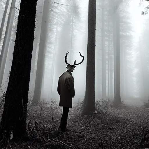 Image similar to an old photo of a tall pale man with antlers deep in a dark foggy forest