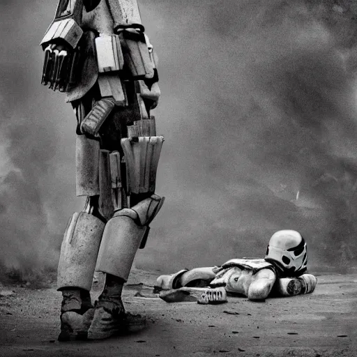 Prompt: war photography, the falling soldier, an imperial stormtrooper, zeroes in on the instant of death forever anticipated in the painting, etched into the public's mind, groundbreaking, breathtaking, awardwinning, by robert capa, digital intricate art, hyperrealist, detailed, 8 k, 3 5 mm, canon, extreme long shot