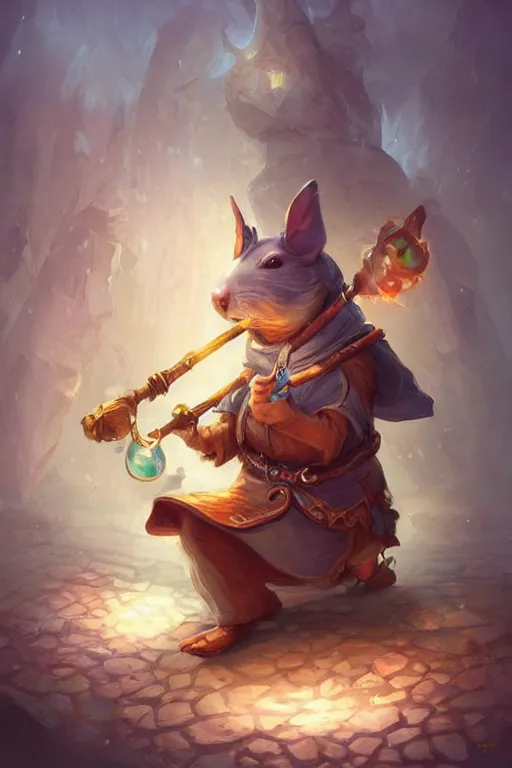 Image similar to cute little anthropomorphic Guinea Pig Mage, wielding a magic staff, tiny, small, short, Wizard robe, cute and adorable, pretty, beautiful, DnD character art portrait, matte fantasy painting, DeviantArt Artstation, by Jason Felix by Steve Argyle by Tyler Jacobson by Peter Mohrbacher, cinematic lighting