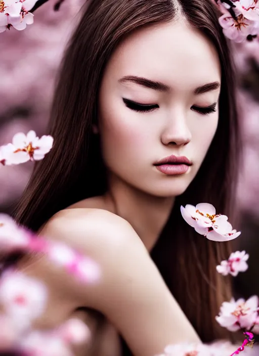 Prompt: a gorgeous female, photo by oliver valsecchi, realistic, smooth face, perfect eyes, symmetrical, half body shot, wide angle, sharp focus, 8 k high definition, insanely detailed, intricate, elegant, art by steven lau, cherry blossoms