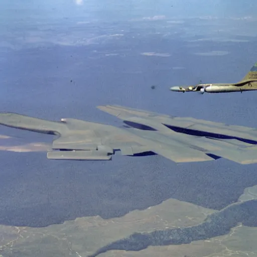 Image similar to b 5 2 bomber dropping bananas as bombs, aerial photography