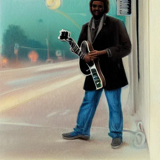 Prompt: distant panoramic photo of a lonely black man with long curly hair, holding a electric guitar, waiting at the bus stop on moody weather, rinat voligamsi