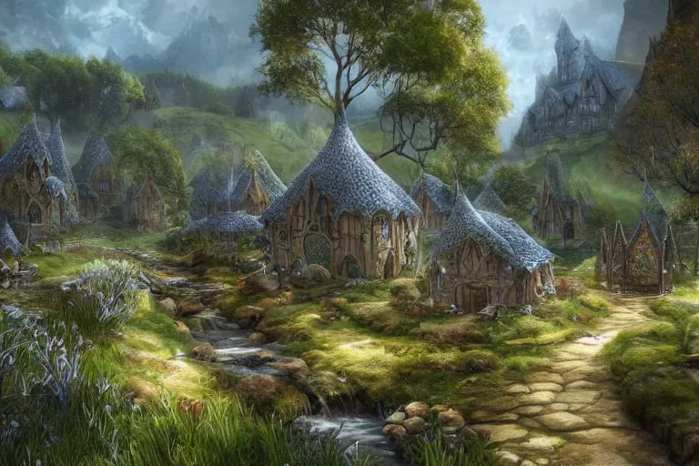 Image similar to A small elven village with elegant architecture in an open field, a winding white pathwalk and a small brook running through, clear blue skies in the background, by Artgerm and Todd Shorr, D&D, high fantasy, 8k photorealistic, cinematic lighting, HD, high details, concept art, trending on artstation