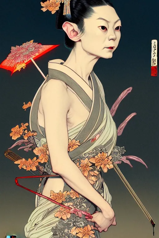 Image similar to clear portrait of gollum dressed as a japanese geisha, background hyper detailed, character concept, full body, dynamic pose, glowing lights, intricate, elegant, highly detailed, digital painting, artstation, concept art, smooth, sharp focus, illustration, art by artgerm and greg rutkowski and alphonse mucha