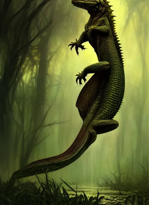 Prompt: Handsome werelizard, reptile skin, swamp landscape, fantasy magic, dark light night, intricate, elegant, sharp focus, illustration, highly detailed, digital painting, concept art, matte, art by WLOP and Artgerm and Greg Rutkowski and Alphonse Mucha, masterpiece