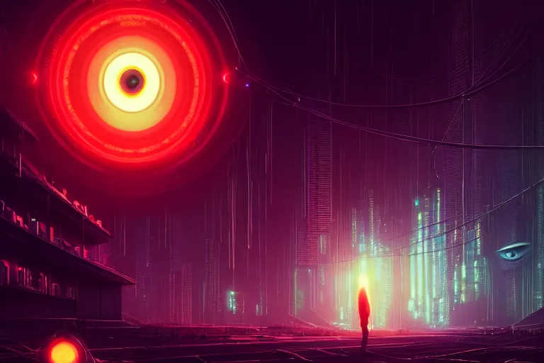 Image similar to portrait of a mystical giant eye, big brother is watching you vibes, mechanic, dystopian, ( ( cyberpunk ) ), intricate, ( ( ( abstract ) ) ), cinematic, glow, neons, octane render, wlop, greg rutkowski, dan mumford, artgerm