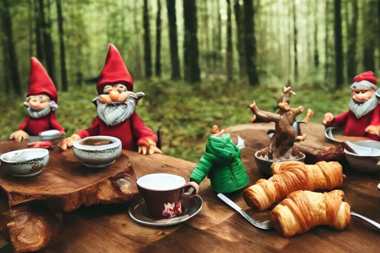 Prompt: Croissants and fuming hot chocolate served by living gnomes at a table in an moody forest. Photo