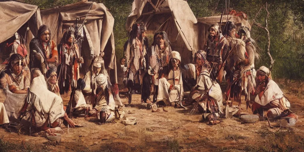 Image similar to realistic scene of exiled native americans, 1 4 5 0, painting, ultra realistic, 8 k