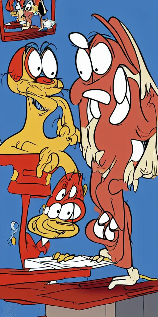 Image similar to cartoon characters wren and stimpy as miserable bedraggled adults who work at a startup in san - francisco for less than 1 5 0 k a year combined income, essentially placing them essentially below the poverty line