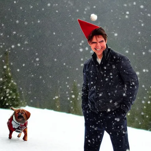 Prompt: tom cruise in costume with a christmas hat and a small dog. wood cabin and a lake in the background. it's snowing.