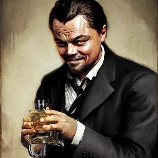 Image similar to leonardo dicaprio from django laughing and holding a sherry, highly detailed, intricate, digital painting, artstation, sharp focus, illustration, art by jakub rozalski, greg rutkowski, artgerm, tan zi and ayanamikodon and alphonse mucha and wlop