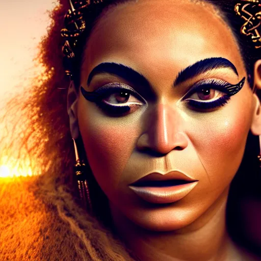 Image similar to photographic portrait of a stunningly beautiful renaissance beyonce with celtic tribal makeup in soft dreamy light at sunset, contemporary fashion shoot, by edward robert hughes, annie leibovitz and steve mccurry, david lazar, jimmy nelsson, breathtaking, 8 k resolution, extremely detailed, beautiful, establishing shot, artistic, hyperrealistic, beautiful face, octane render