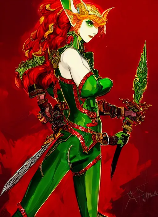 Image similar to Full body portrait of a handsome young red haired elven princess warrior wearing red, green and gold ornate leather jacket, golden tiara and an axe. In style of Yoji Shinkawa and Hyung-tae Kim, trending on ArtStation, dark fantasy, great composition, concept art, highly detailed.