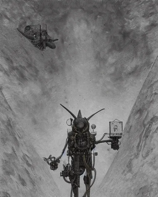 Image similar to dieselpunk baphomet in town, vintage old, sepia, retrofuturism sci - fi old movie, highly detailed, photorealistic, 8 k, by beksinski and stalenhag