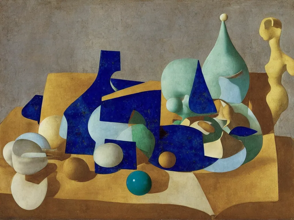 Image similar to still life with book and hans arp sculpture. lapis lazuli, malachite, turqouise, gold. painting by piero della francesca, balthus, agnes pelton