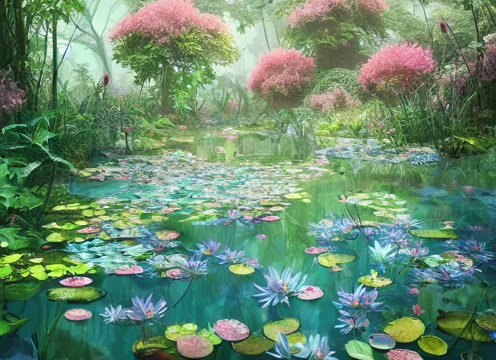 Prompt: An overgrown room, flooded with crystal clear water, overgrown with lily pads, lush bushes and colorful flowers, digital art, trending on Artstation, immaculate scale, amazing composition, detailed painting
