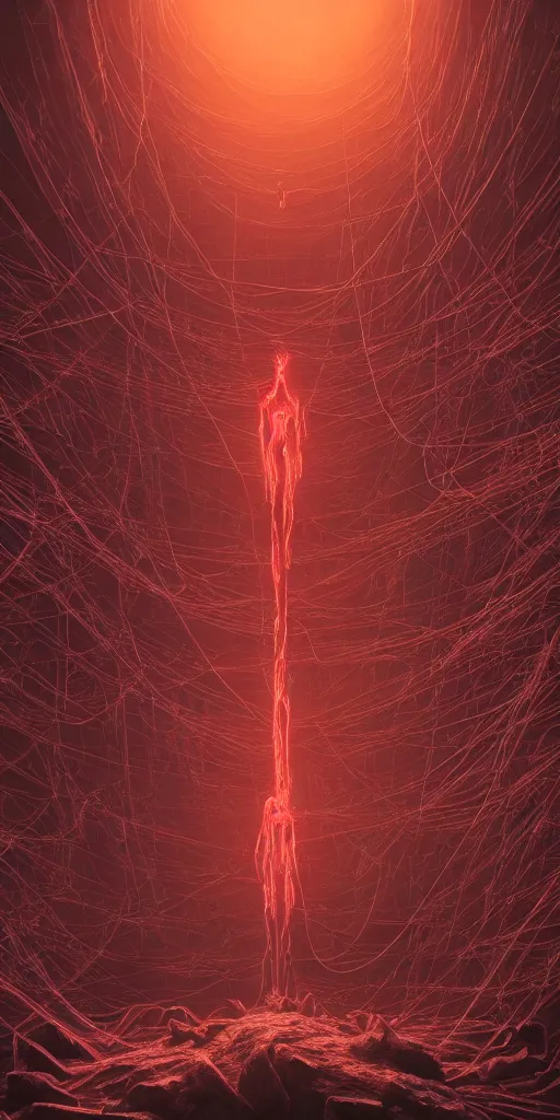 Prompt: satanic ritual, neon, they are watching, eyes, webs, RGB, glowing wires everywhere, pristine, by Ross Tran, Zdzisław Beksiński, Junji Ito, and Michael Whelan, distant, gustav dore, H.R. Giger, 8k, hd, 4k, hyper, octane render